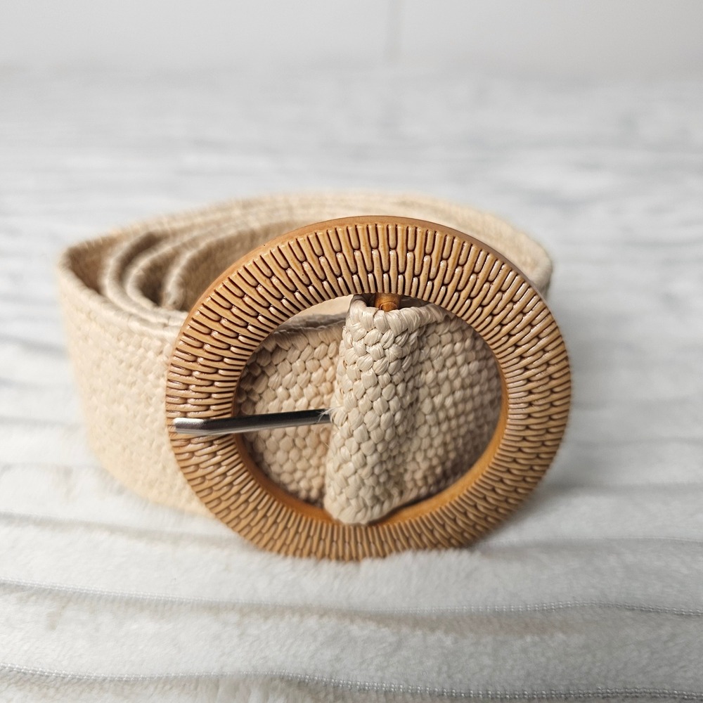 Woven Stretch Belt Tan Round Buckle Boho Coastal Summer Resort 39"